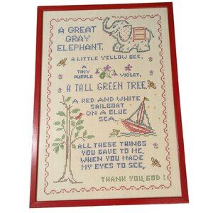 Needle point Wall art Nursery Elephant Sailboat bee Religious Poem Red Frame